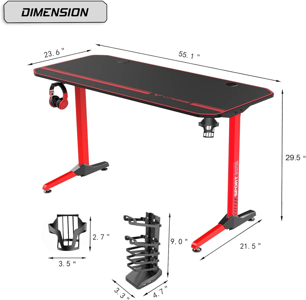 VITESSE 55 Inch Gaming Desk, Gaming Computer Desk, PC Gaming Table, T Shaped Racing Style Proitessfessional Gamer Game Station with Mouse Pad, USB Gaming Handle Rack, Cup Holder Headphone Hook