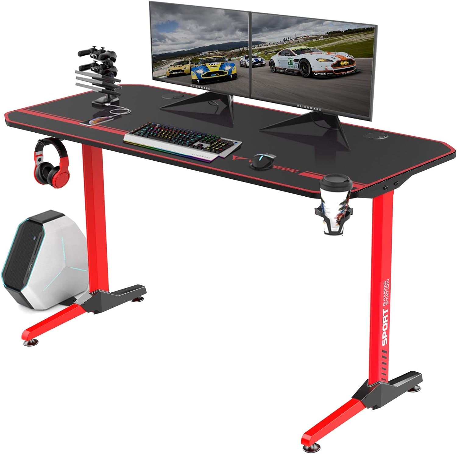 VITESSE 55 Inch Gaming Desk, Gaming Computer Desk, PC Gaming Table, T Shaped Racing Style Proitessfessional Gamer Game Station with Mouse Pad, USB Gaming Handle Rack, Cup Holder Headphone Hook